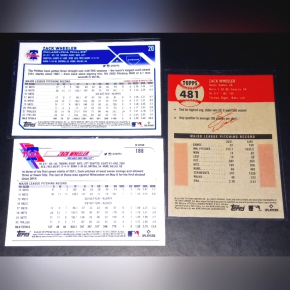 Zack Wheeler (3) Topps UK '21 #188, Chrome '23 #20, Chrome Refractor '22 #481 - Picture 2 of 2